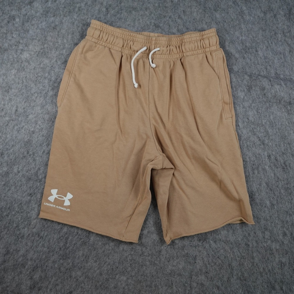 Under Armour Shorts Men Medium Fitted Tan Rival Terry Cut Off Sweat Drawstring
